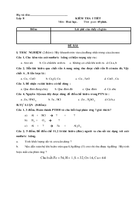 Đề thi Kiểm tra 1 tiết môn Hoá học. thời gian 45 phút